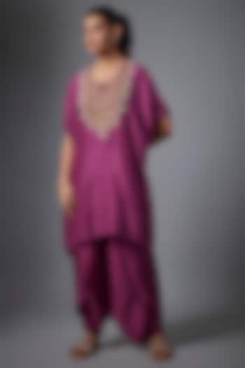 Magenta Dupion Silk & Satin Hand Embroidered Kaftan Set by Ojasvini at Pernia's Pop Up Shop