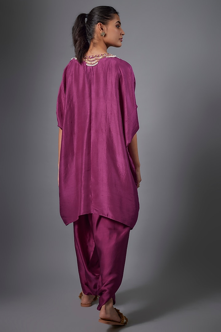 Magenta Dupion Silk & Satin Hand Embroidered Kaftan Set by Ojasvini at Pernia's Pop Up Shop