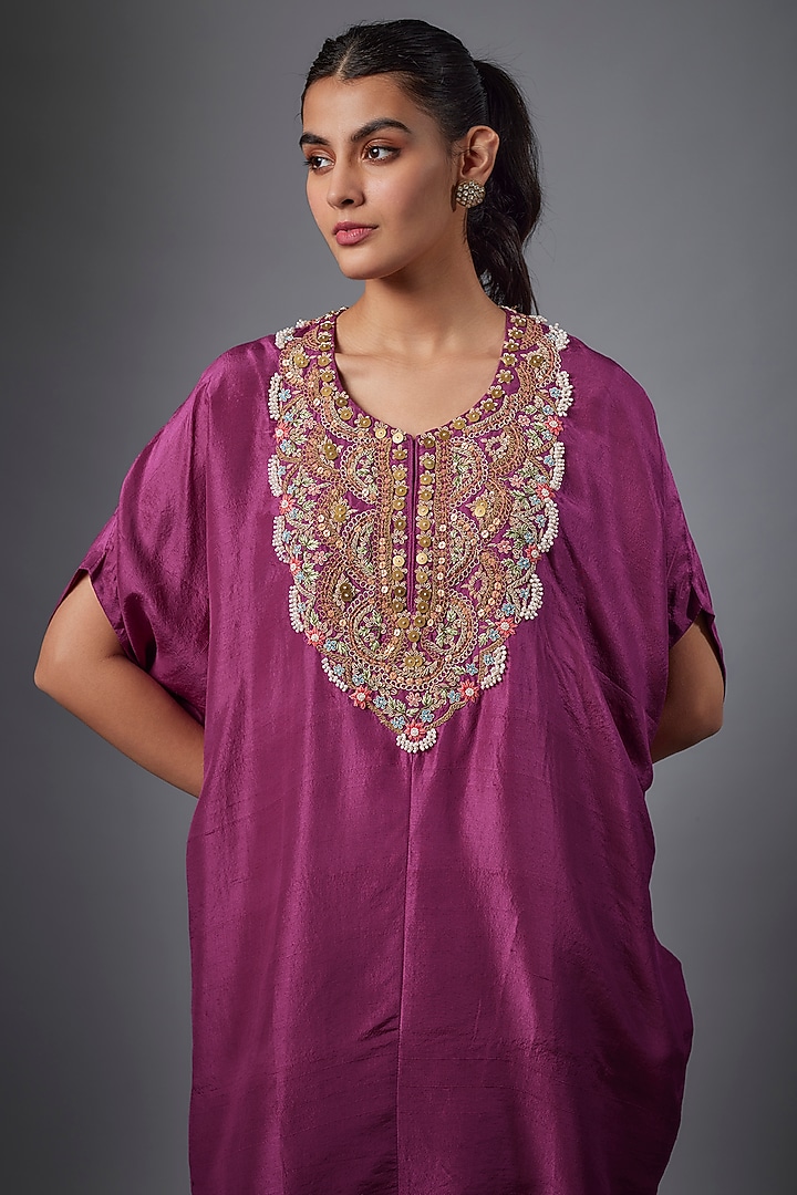 Magenta Dupion Silk & Satin Hand Embroidered Kaftan Set by Ojasvini at Pernia's Pop Up Shop