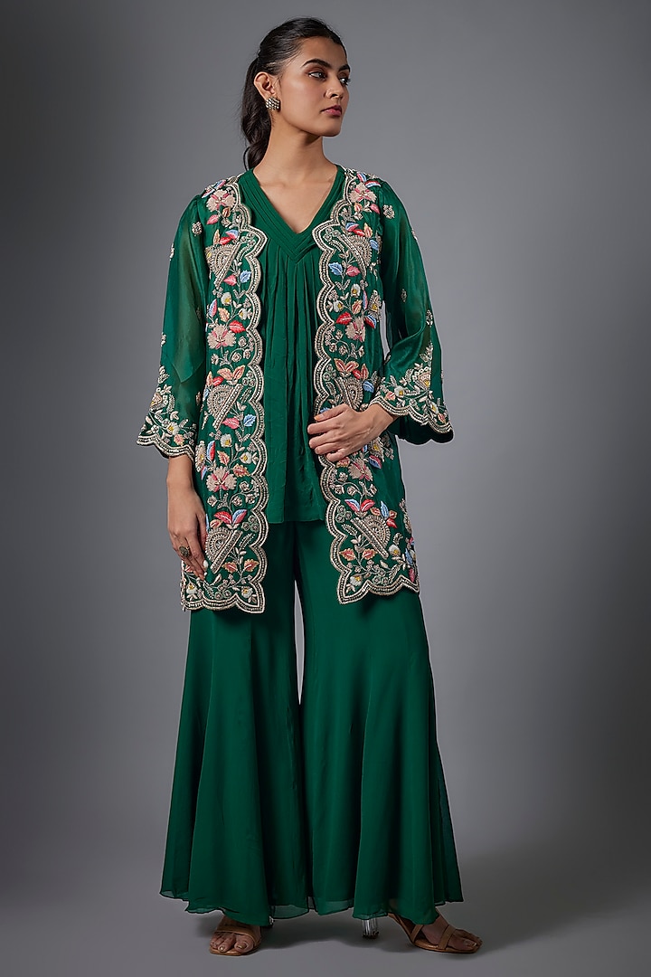 Green Organza Hand Embroidered Short Jacket Set by Ojasvini at Pernia's Pop Up Shop