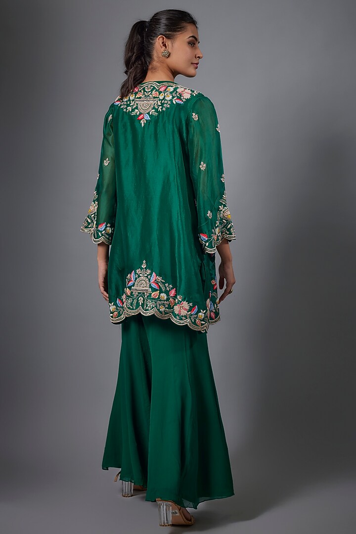 Green Organza Hand Embroidered Short Jacket Set by Ojasvini at Pernia's Pop Up Shop