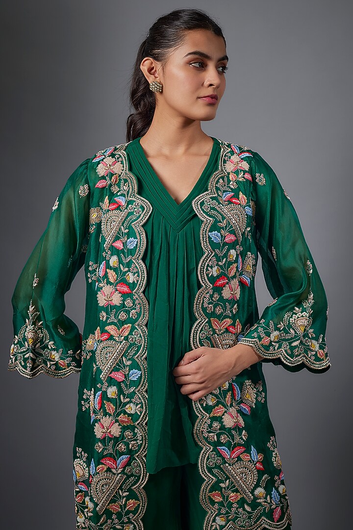 Green Organza Hand Embroidered Short Jacket Set by Ojasvini at Pernia's Pop Up Shop