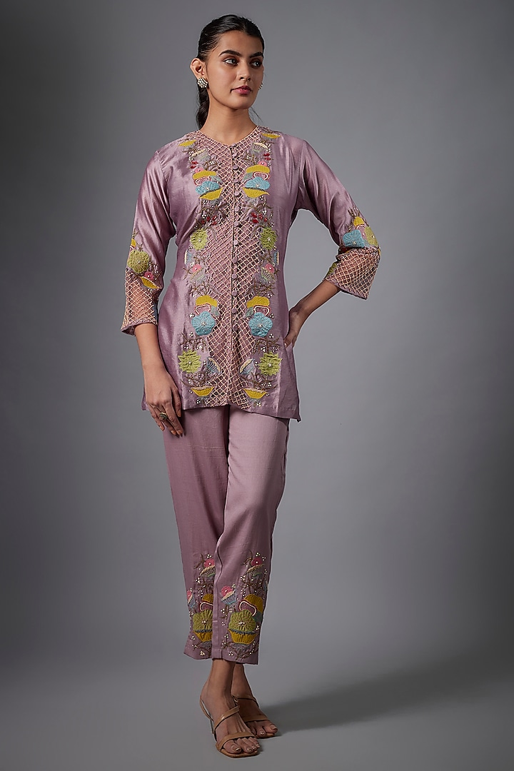 Lilac Silk Chanderi & Cotton Satin Hand Embroidered Co-Ord Set by Ojasvini at Pernia's Pop Up Shop