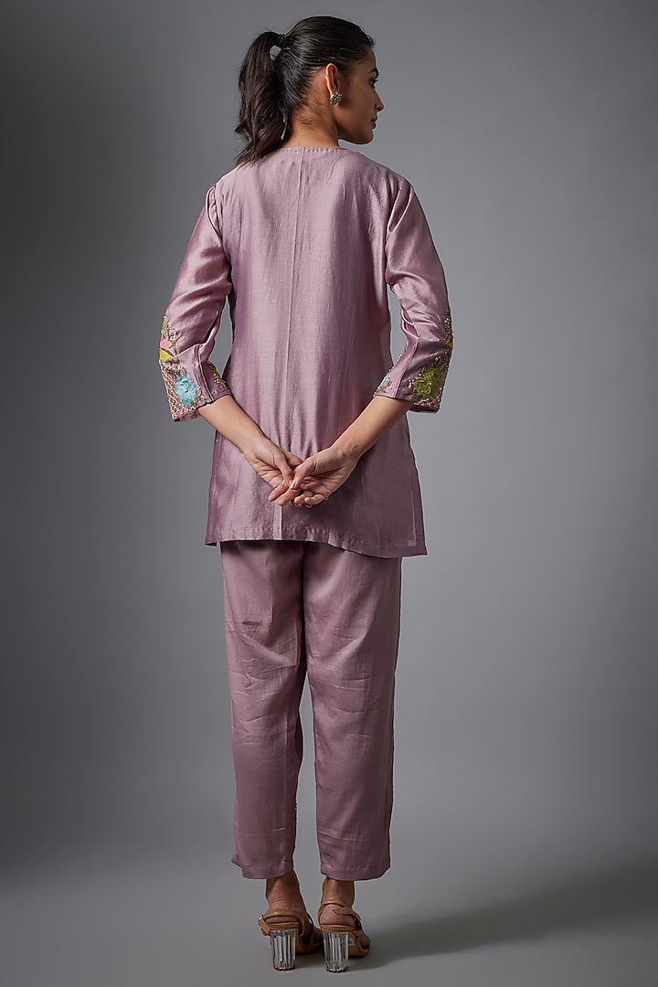 Lilac Silk Chanderi & Cotton Satin Hand Embroidered Co-Ord Set by Ojasvini at Pernia's Pop Up Shop