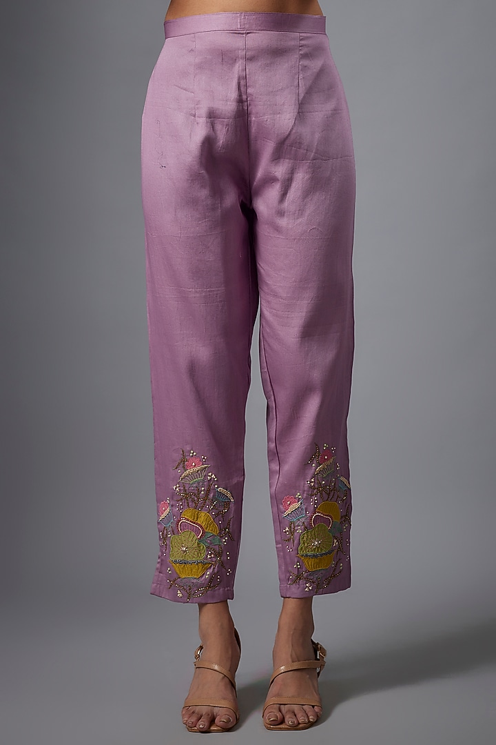 Lilac Silk Chanderi & Cotton Satin Hand Embroidered Co-Ord Set by Ojasvini at Pernia's Pop Up Shop