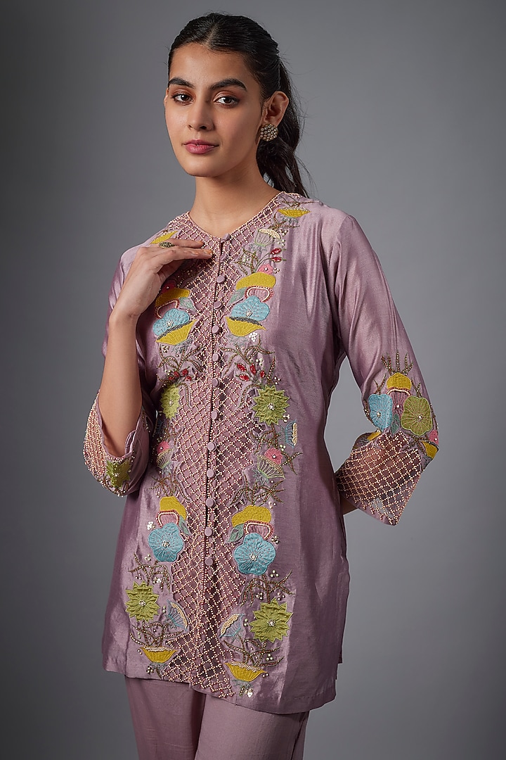 Lilac Silk Chanderi & Cotton Satin Hand Embroidered Co-Ord Set by Ojasvini at Pernia's Pop Up Shop