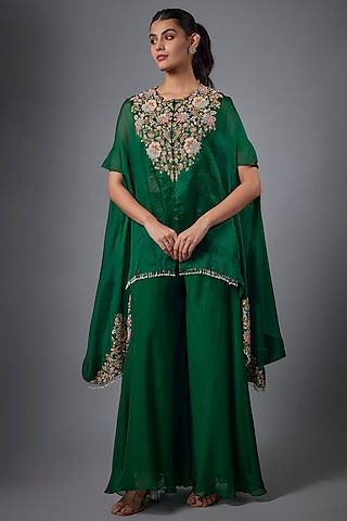 Green Organza Hand Embroidered Cape Set by Ojasvini