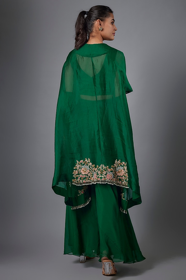 Green Organza Hand Embroidered Cape Set by Ojasvini at Pernia's Pop Up Shop