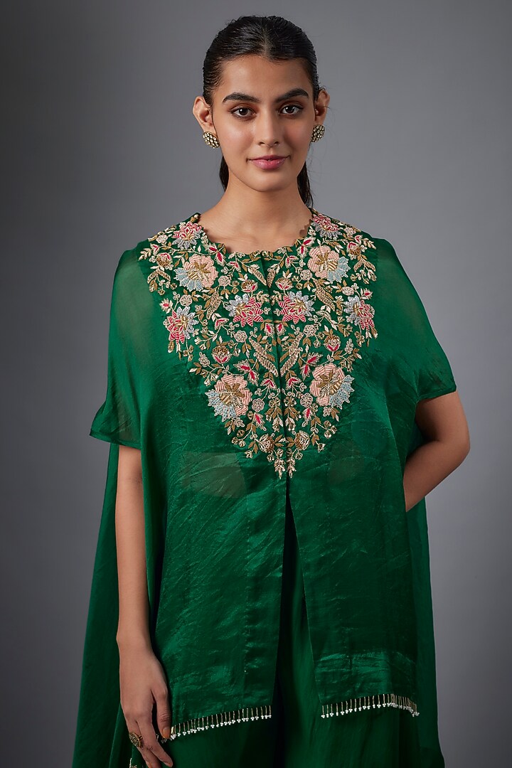 Green Organza Hand Embroidered Cape Set by Ojasvini at Pernia's Pop Up Shop