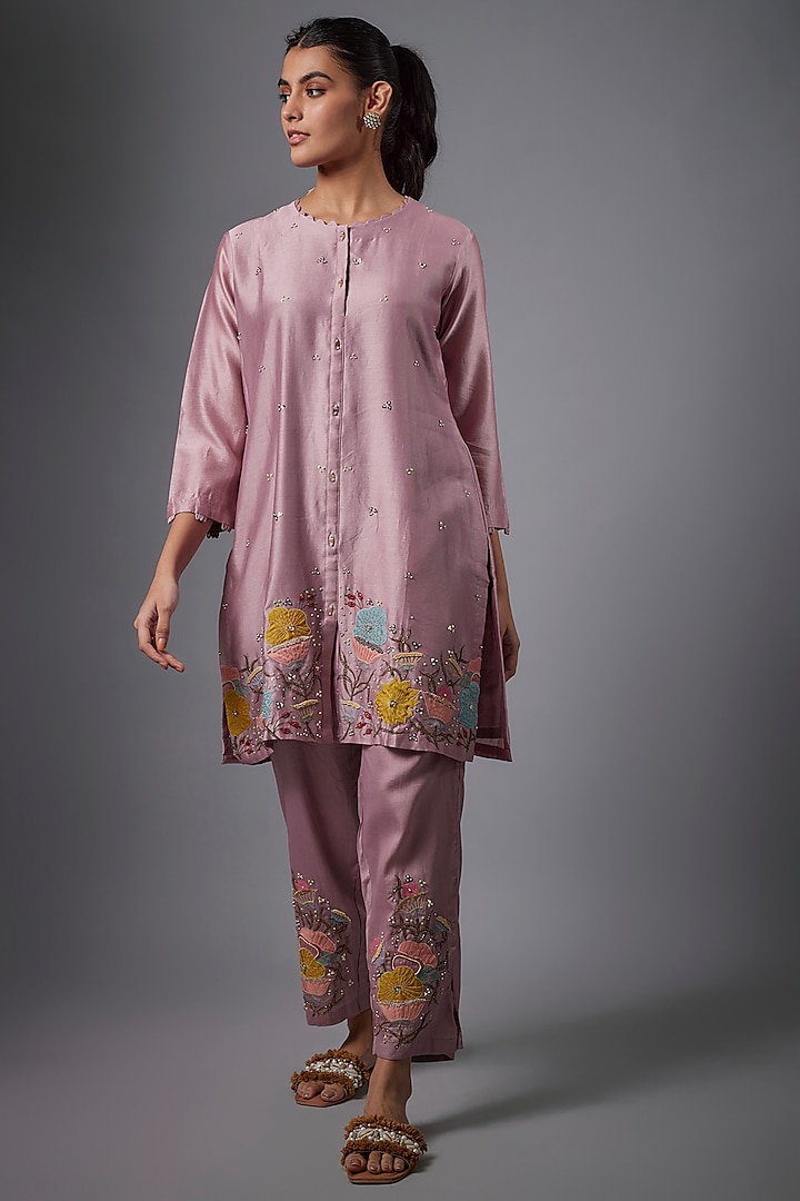 Lilac Silk Chanderi & Cotton Satin Hand Embroidered Co-Ord Set by Ojasvini at Pernia's Pop Up Shop