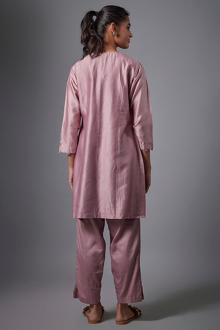 Lilac Silk Chanderi & Cotton Satin Hand Embroidered Co-Ord Set by Ojasvini at Pernia's Pop Up Shop