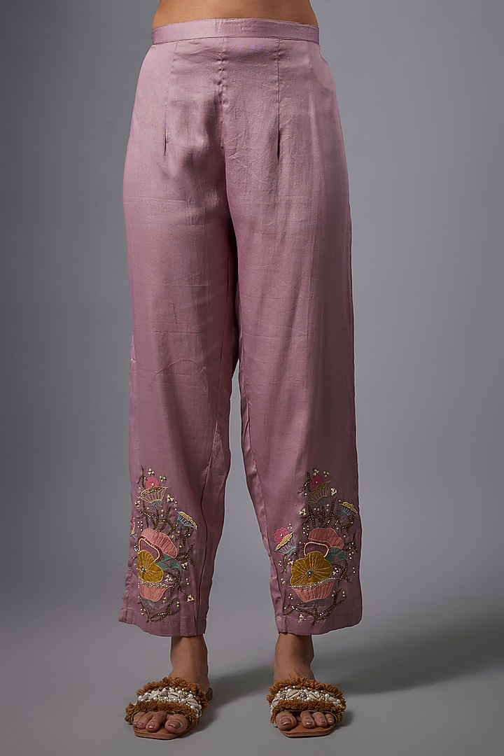 Lilac Silk Chanderi & Cotton Satin Hand Embroidered Co-Ord Set by Ojasvini at Pernia's Pop Up Shop
