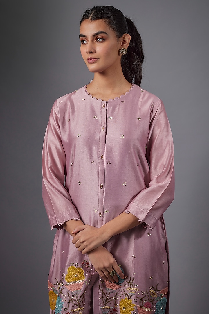 Lilac Silk Chanderi & Cotton Satin Hand Embroidered Co-Ord Set by Ojasvini at Pernia's Pop Up Shop