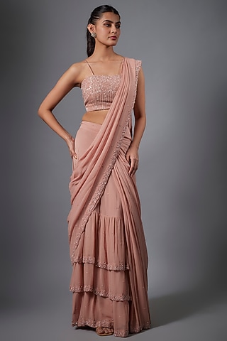 Champagne Georgette & Silk Cutdana Embroidered Draped Saree Set by Ojasvini