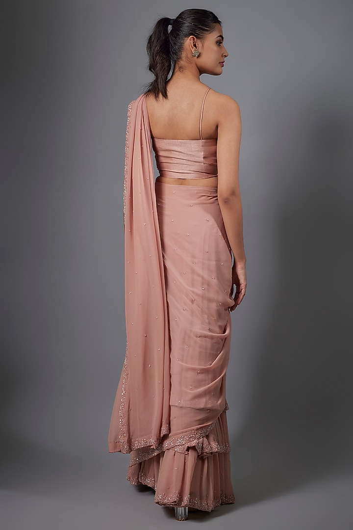 Champagne Georgette & Silk Cutdana Embroidered Draped Wedding Saree Set by Ojasvini at Pernia's Pop Up Shop