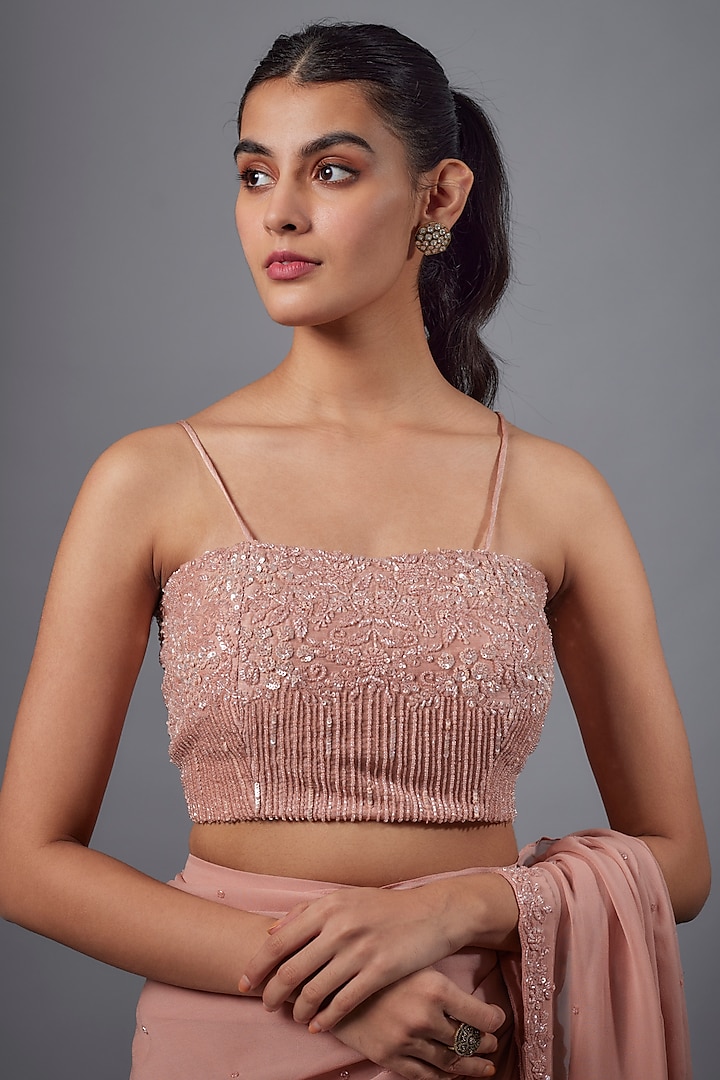 Champagne Georgette & Silk Cutdana Embroidered Draped Wedding Saree Set by Ojasvini at Pernia's Pop Up Shop