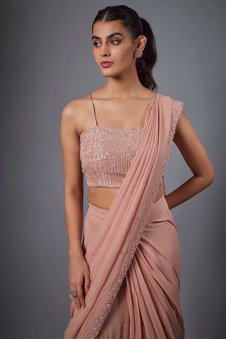 Champagne Georgette & Silk Cutdana Embroidered Draped Wedding Saree Set by Ojasvini at Pernia's Pop Up Shop