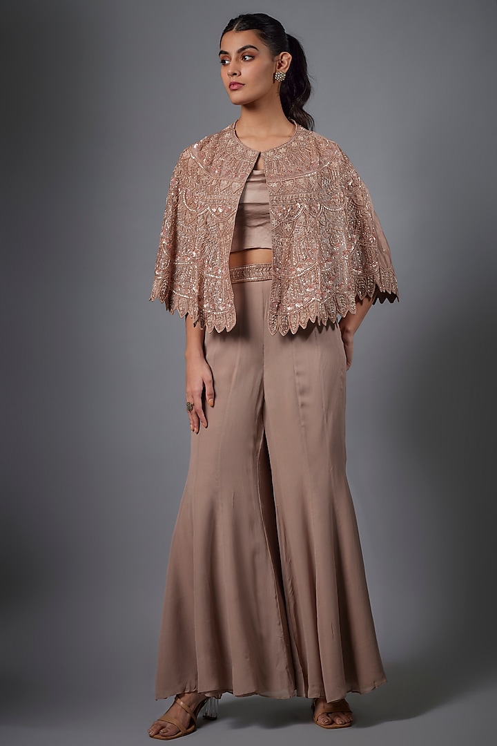 Beige Organza & Georgette Hand Embroidered Cape Set by Ojasvini at Pernia's Pop Up Shop