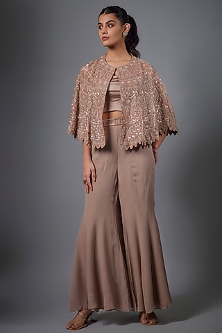 Beige Organza & Georgette Hand Embroidered Cape Set by Ojasvini