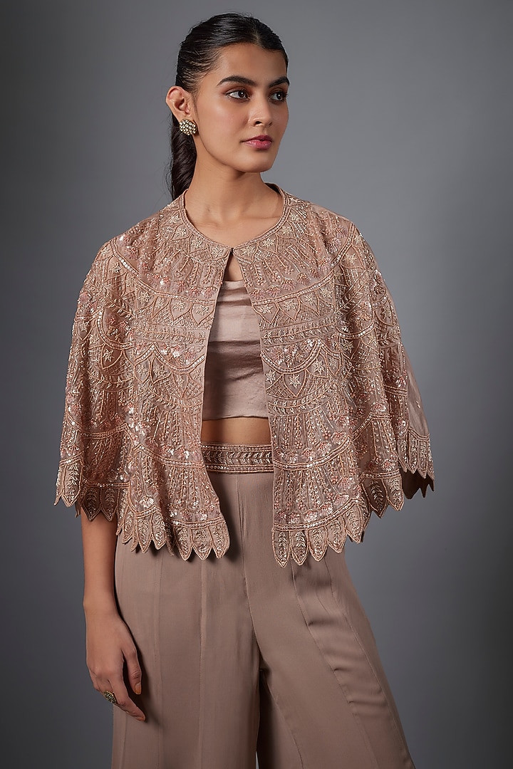 Beige Organza & Georgette Hand Embroidered Cape Set by Ojasvini at Pernia's Pop Up Shop