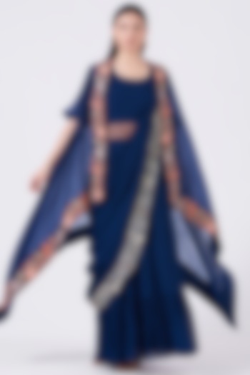 Navy Blue Draped Gown Saree Set by Ojasvini
