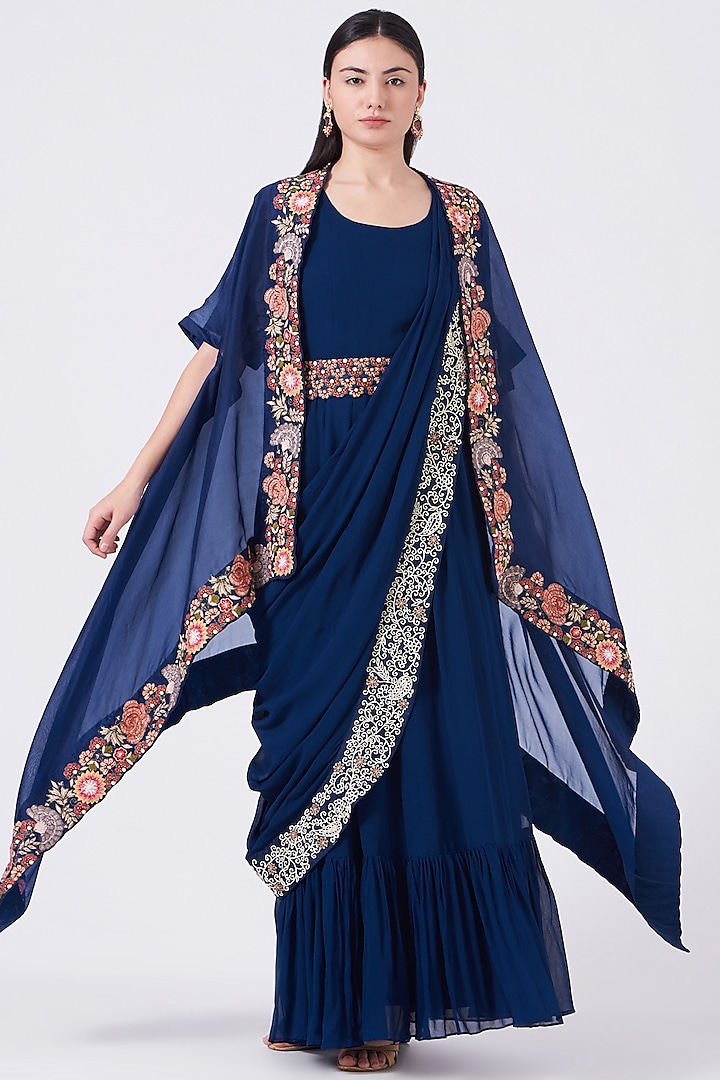 Navy Blue Draped Gown Saree Set by Ojasvini