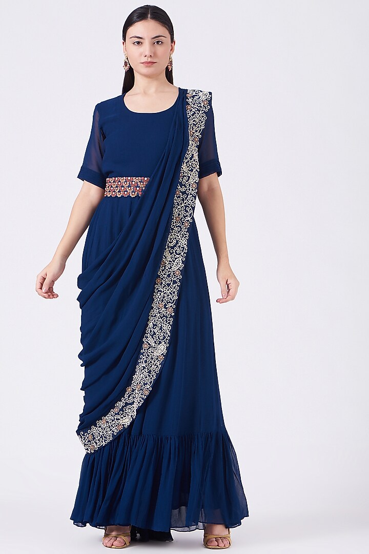 Navy Blue Draped Wedding Gown Saree Set by Ojasvini at Pernia's Pop Up Shop