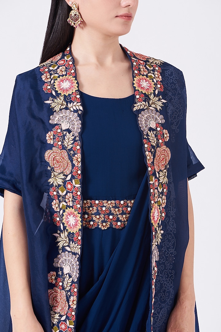 Navy Blue Draped Wedding Gown Saree Set by Ojasvini at Pernia's Pop Up Shop