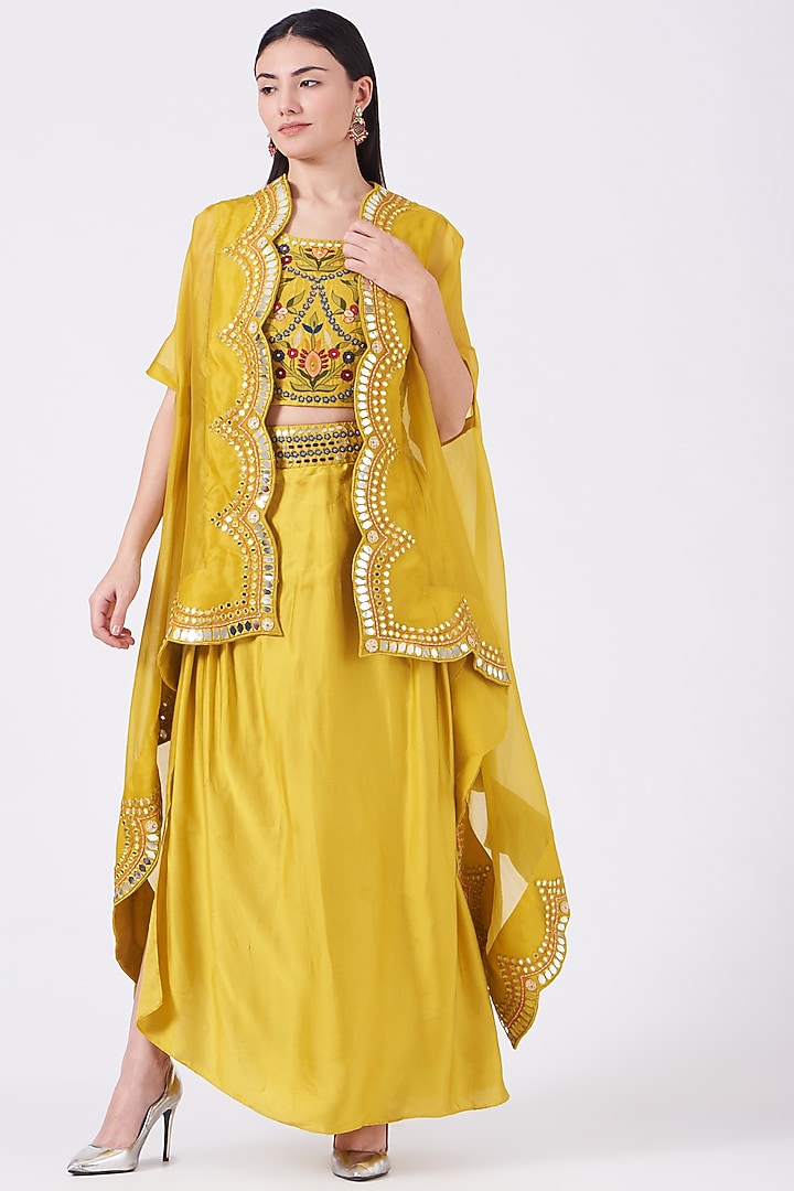 Mustard Embroidered Cape Set by Ojasvini at Pernia's Pop Up Shop