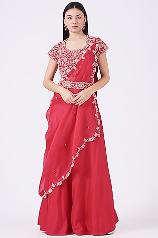 Cherry Red Embroidered Lehenga Set by Ojasvini