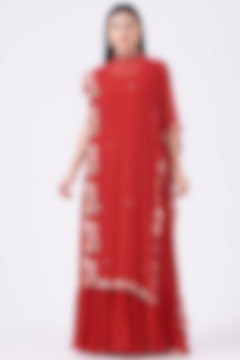 Red Embroidered Anarkali With Cape by Ojasvini at Pernia's Pop Up Shop