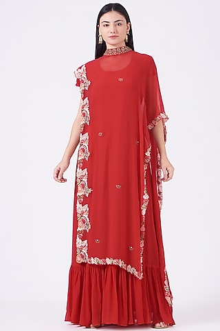 Red Embroidered Anarkali With Cape by Ojasvini