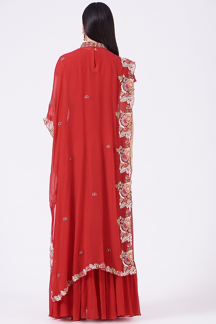 Red Embroidered Party Wear Anarkali With Cape by Ojasvini at Pernia's Pop Up Shop
