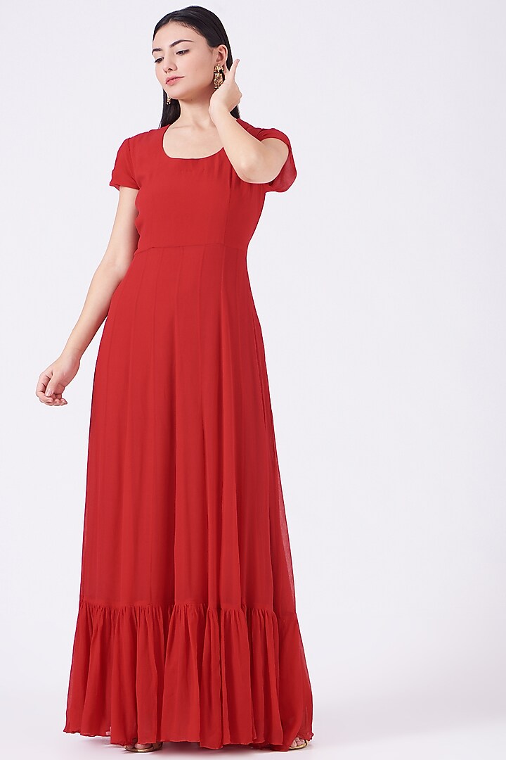 Red Embroidered Party Wear Anarkali With Cape by Ojasvini at Pernia's Pop Up Shop