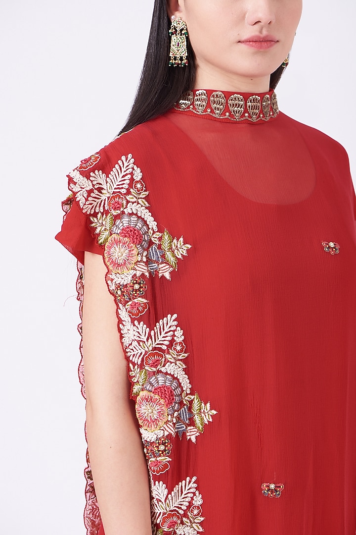 Red Embroidered Party Wear Anarkali With Cape by Ojasvini at Pernia's Pop Up Shop