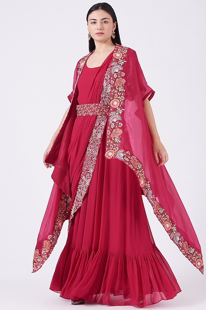 Cherry Red Georgette Zardosi Embroidered Draped Gown Saree by Ojasvini