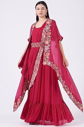 Cherry Red Georgette Zardosi Embroidered Draped Gown Saree by Ojasvini