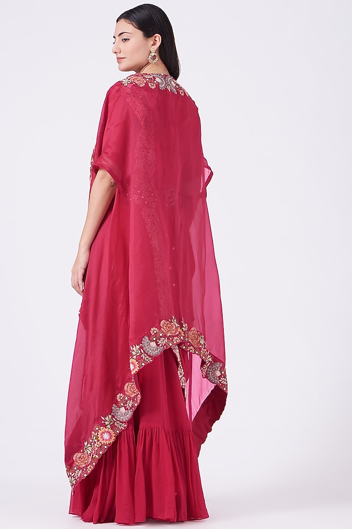 Cherry Red Georgette Zardosi Embroidered Draped Wedding Gown Saree by Ojasvini at Pernia's Pop Up Shop