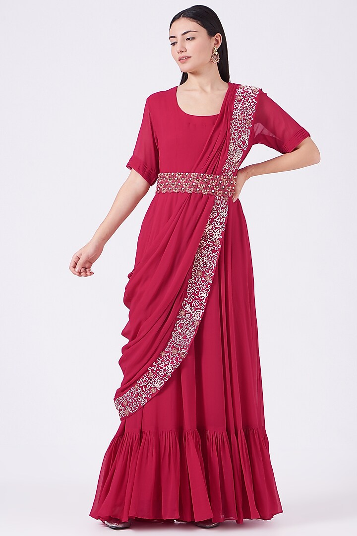 Cherry Red Georgette Zardosi Embroidered Draped Wedding Gown Saree by Ojasvini at Pernia's Pop Up Shop