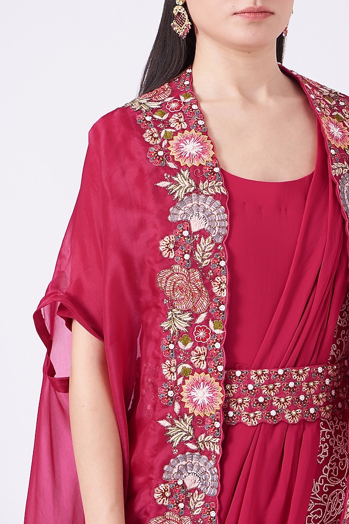 Cherry Red Georgette Zardosi Embroidered Draped Wedding Gown Saree by Ojasvini at Pernia's Pop Up Shop