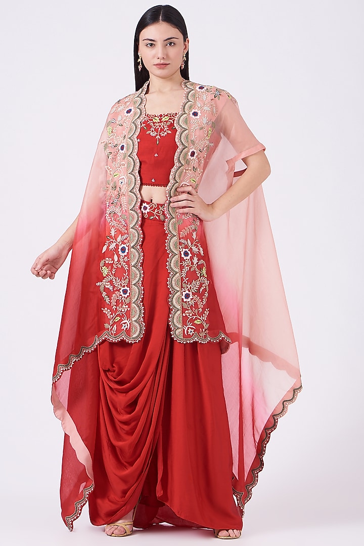 Red Ombre Embroidered Cape Set by Ojasvini