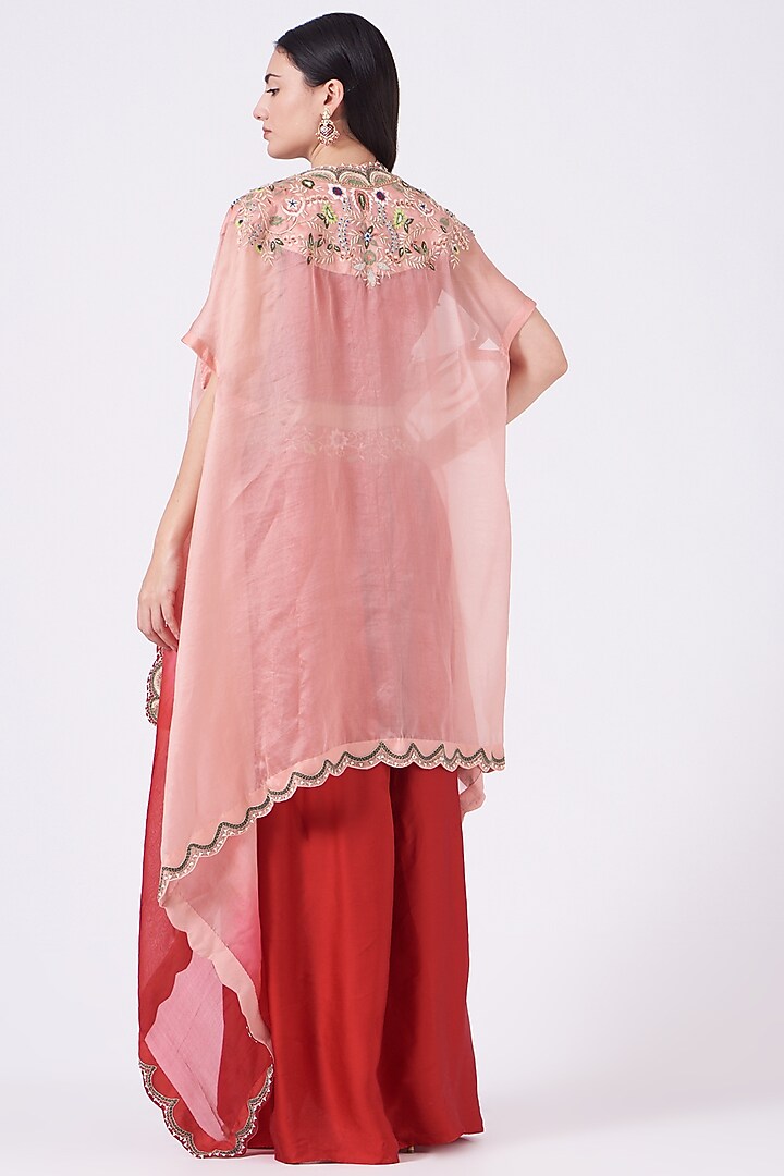 Red Ombre Embroidered Cape Set by Ojasvini at Pernia's Pop Up Shop