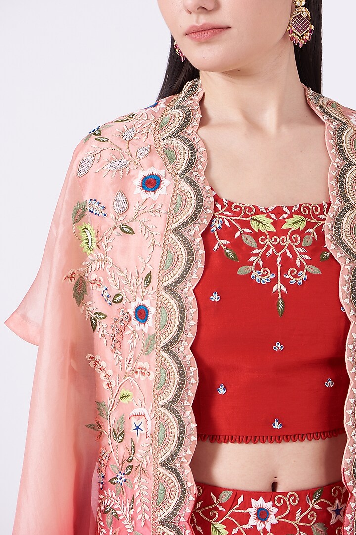 Red Ombre Embroidered Cape Set by Ojasvini at Pernia's Pop Up Shop