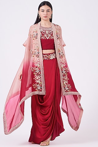 Red Ombre Organza Cape Set by Ojasvini