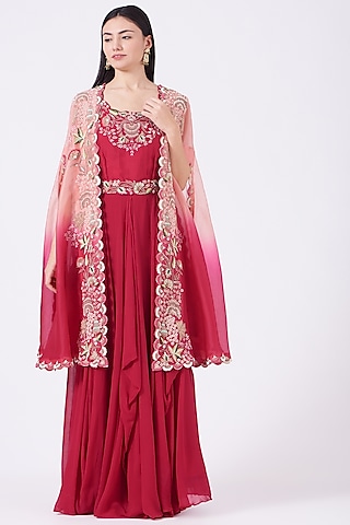 Red Anarkali Set With Cape by Ojasvini