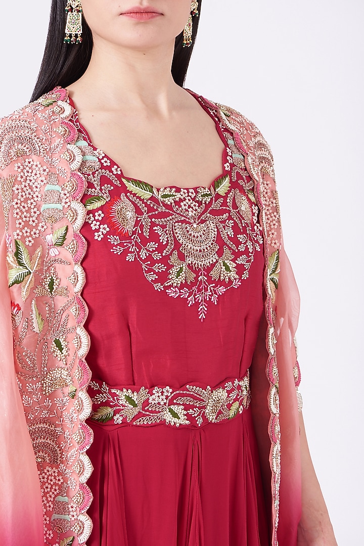 Red Wedding Anarkali Set With Cape by Ojasvini at Pernia's Pop Up Shop