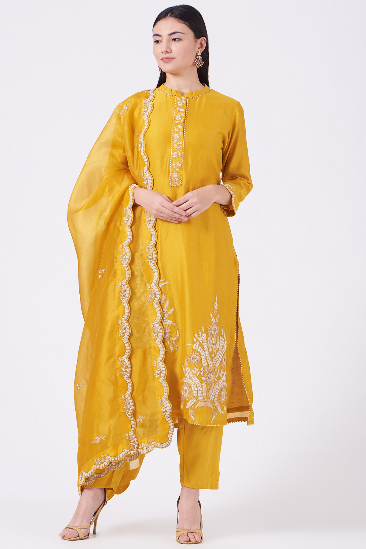 Yellow Embroidered Kurta Set by Ojasvini at Pernia's Pop Up Shop