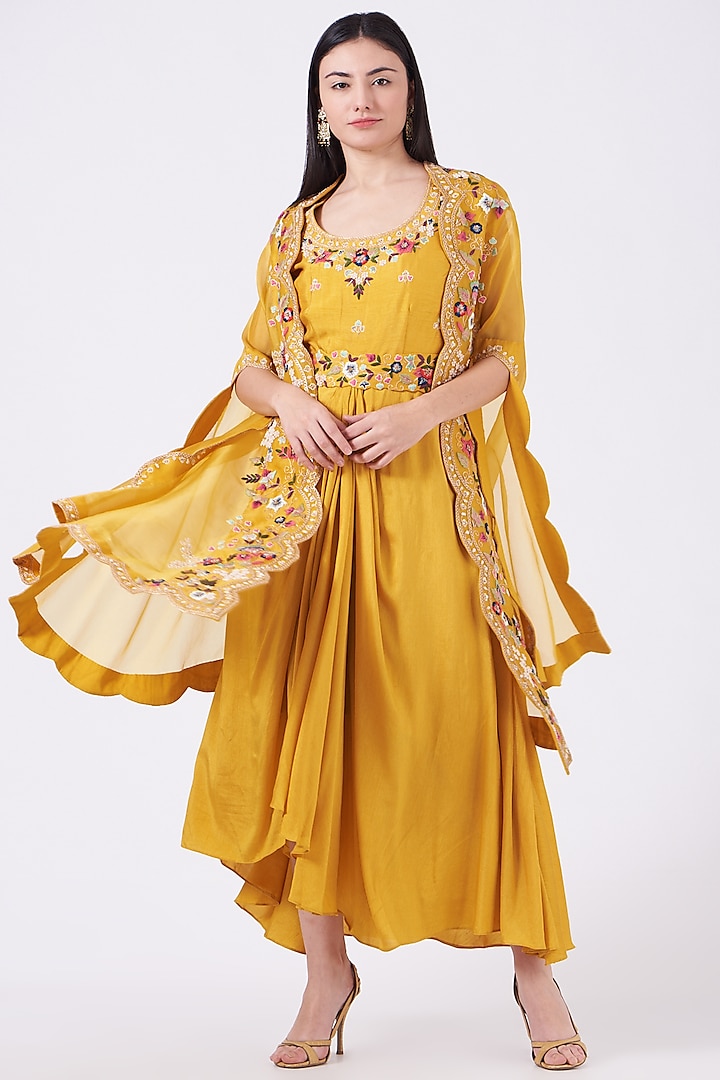 Mustard Draped Dress With Cape by Ojasvini