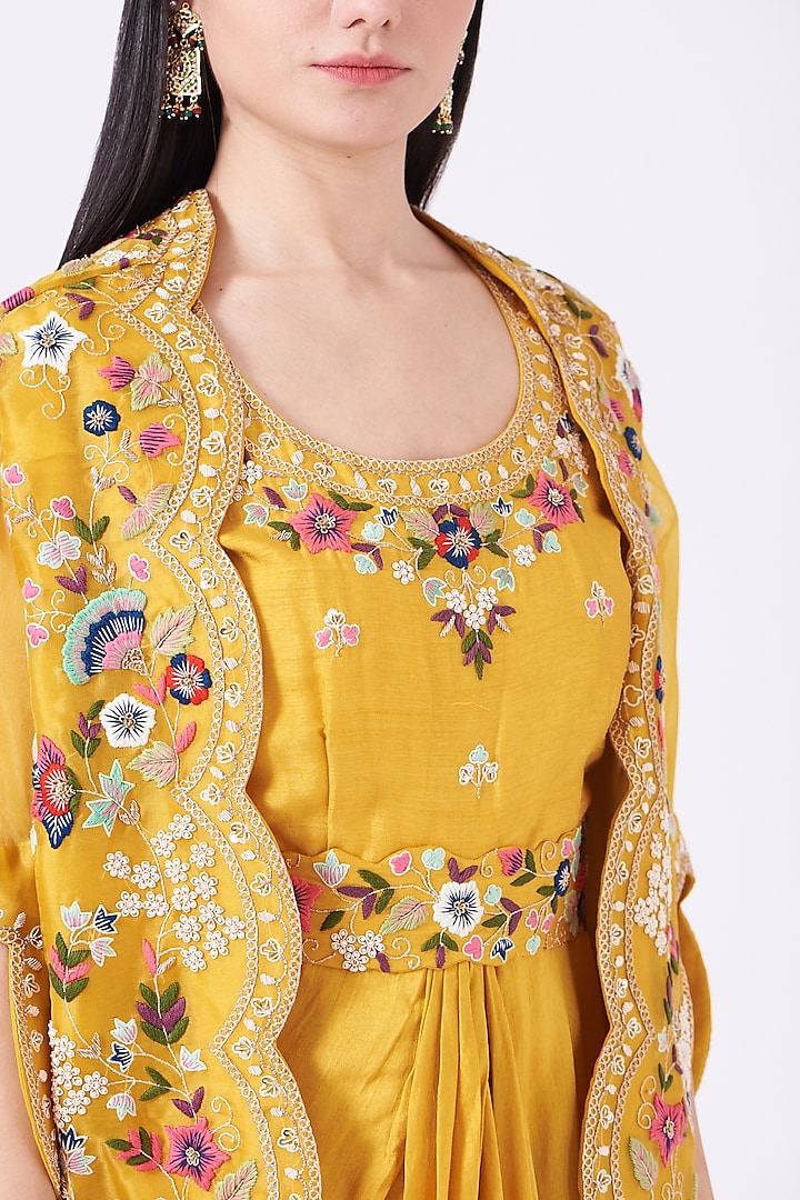 Mustard Draped Cocktail Dress With Cape by Ojasvini at Pernia's Pop Up Shop