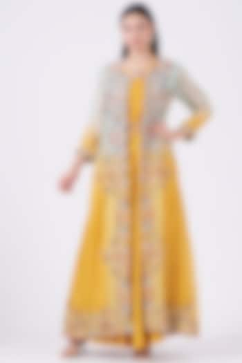 Mustard Embroidered Anarkali With Jacket by Ojasvini